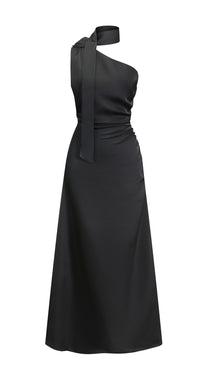 Abito Lungo Monospalla con Collarino e Fiocco in Satin - Eleganza per Matrimoni e Serate Speciali