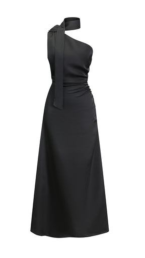 Abito Lungo Monospalla con Collarino e Fiocco in Satin - Eleganza per Matrimoni e Serate Speciali