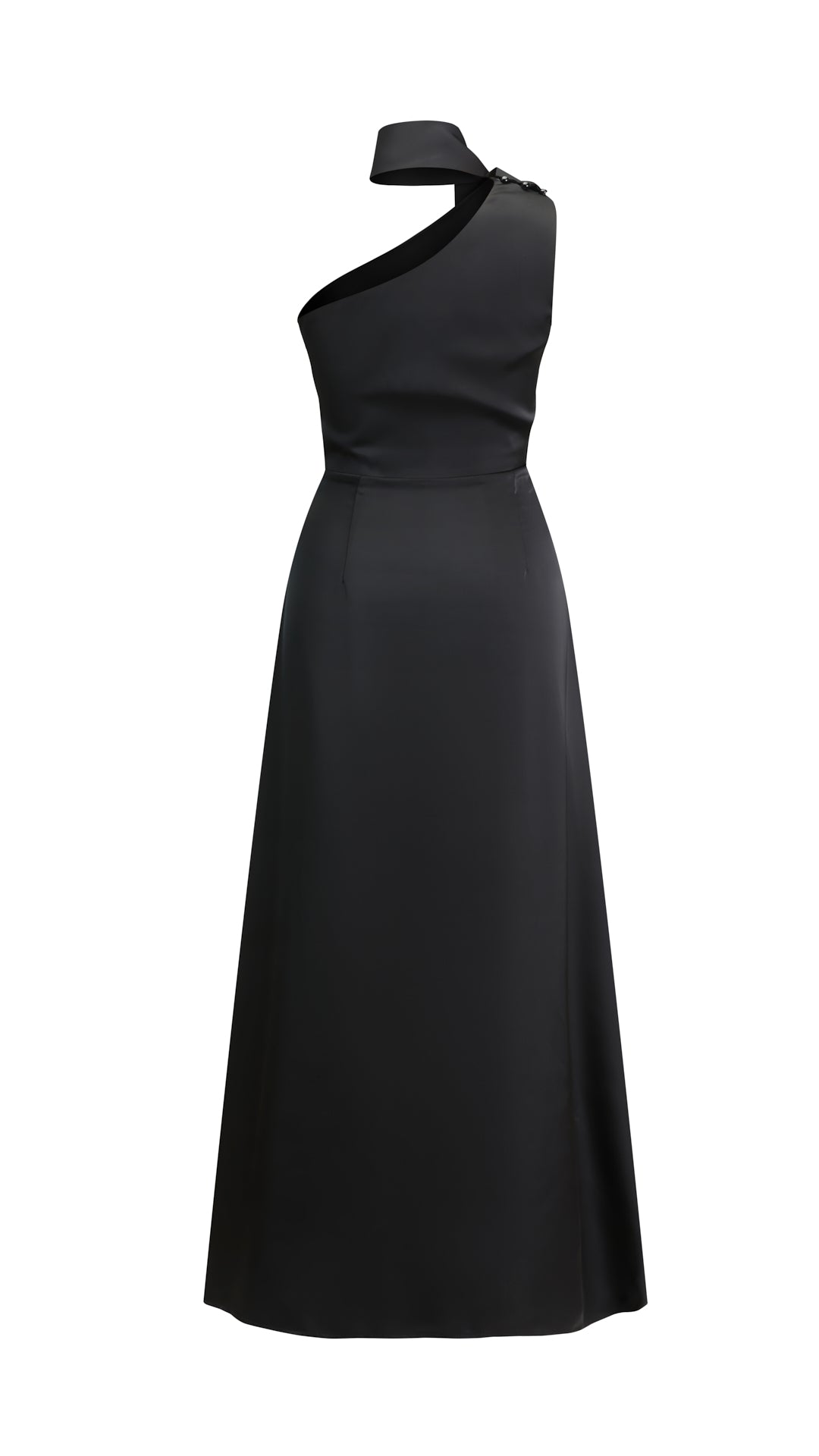 Abito Lungo Monospalla con Collarino e Fiocco in Satin - Eleganza per Matrimoni e Serate Speciali（副本）