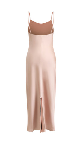 Abito Midi in Satin con Spalline e Scollatura a Collo d'Anatra - Eleganza Senza Tempo per Serate