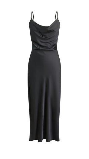 Abito Midi in Satin con Spalline e Scollatura a Collo d'Anatra - Eleganza Senza Tempo per Serate