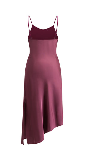 Abito Midi in Satin con Scollatura a Collo d'Anatra e Spalline - Eleganza Asimmetrica per Serate