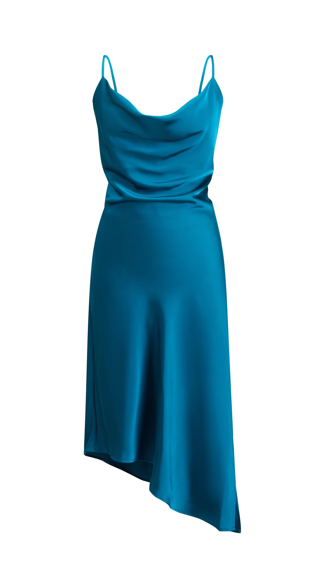 Abito Midi in Satin con Scollatura a Collo d'Anatra e Spalline - Eleganza Asimmetrica per Serate