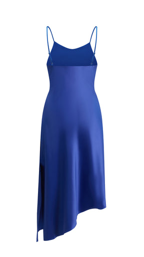 Abito Midi in Satin con Scollatura a Collo d'Anatra e Spalline - Eleganza Asimmetrica per Serate