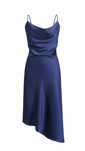 Abito Midi in Satin con Scollatura a Collo d'Anatra e Spalline - Eleganza Asimmetrica per Serate