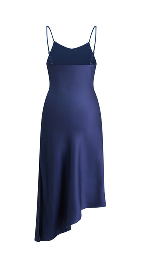 Abito Midi in Satin con Scollatura a Collo d'Anatra e Spalline - Eleganza Asimmetrica per Serate