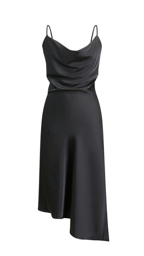 Abito Midi in Satin con Scollatura a Collo d'Anatra e Spalline - Eleganza Asimmetrica per Serate