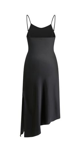 Abito Midi in Satin con Scollatura a Collo d'Anatra e Spalline - Eleganza Asimmetrica per Serate