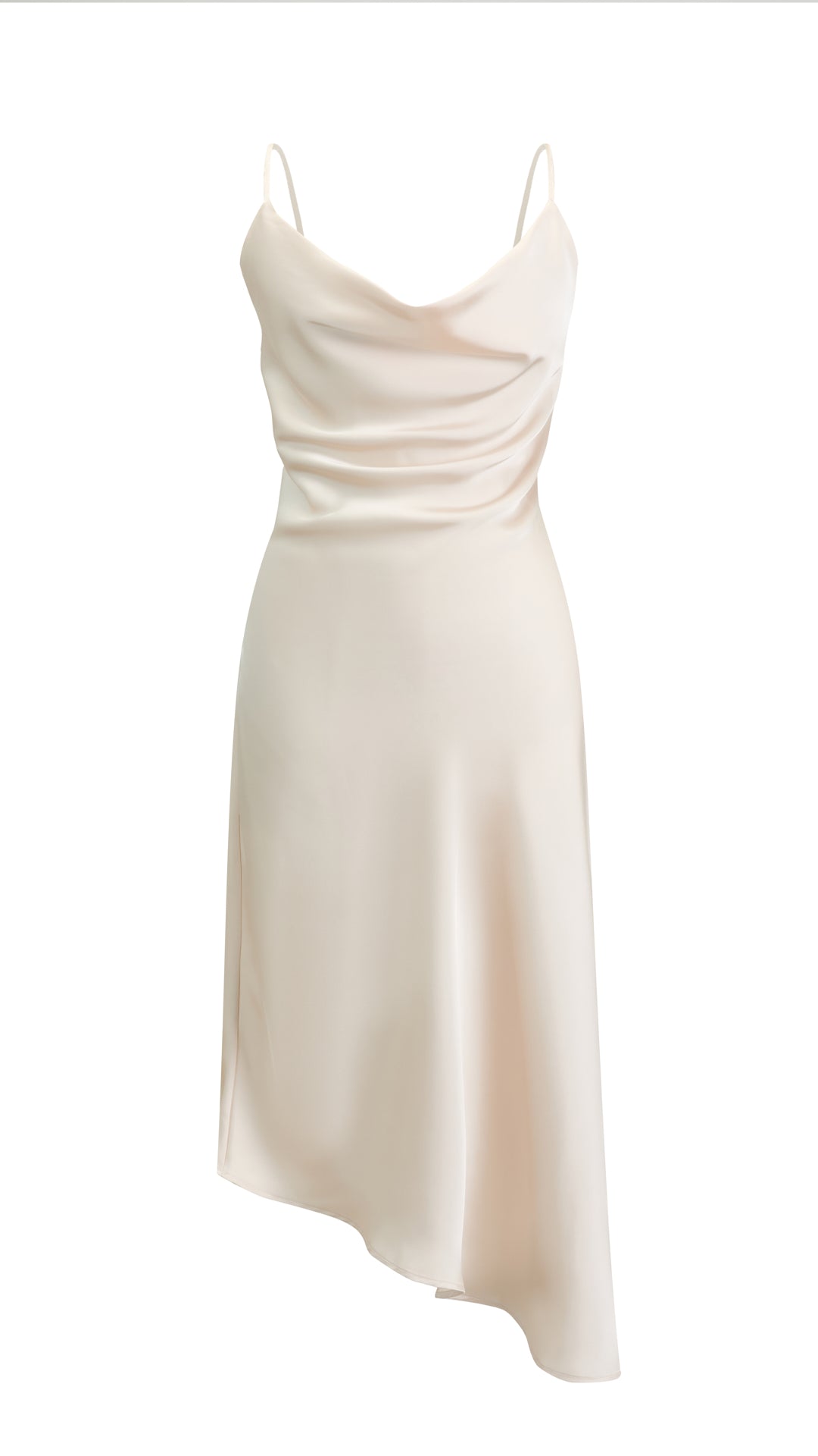 Abito Midi in Satin con Scollatura a Collo d'Anatra e Spalline - Eleganza Asimmetrica per Serate