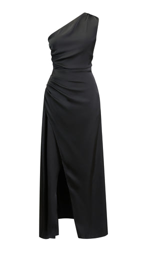Abito Lungo Monospalla in Satin con Spacco - Eleganza Senza Tempo per Matrimoni e Serate