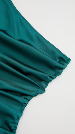Abito Lungo Monospalla con Collarino e Fiocco in Satin - Eleganza per Matrimoni e Serate Speciali