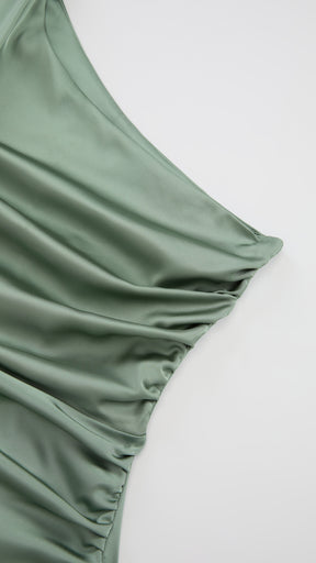 Abito Lungo Monospalla con Collarino e Fiocco in Satin - Eleganza per Matrimoni e Serate Speciali