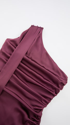 Abito Lungo Monospalla con Collarino e Fiocco in Satin - Eleganza per Matrimoni e Serate Speciali