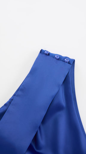 Abito Lungo Monospalla con Collarino e Fiocco in Satin - Eleganza per Matrimoni e Serate Speciali