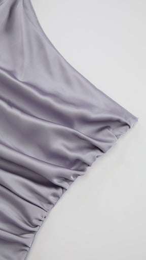 Abito Lungo Monospalla con Collarino e Fiocco in Satin - Eleganza per Matrimoni e Serate Speciali