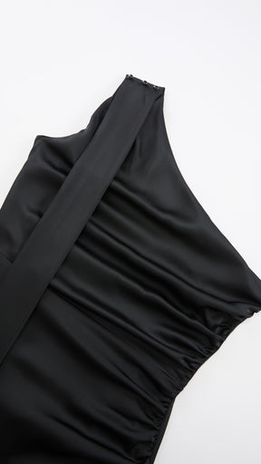 Abito Lungo Monospalla con Collarino e Fiocco in Satin - Eleganza per Matrimoni e Serate Speciali