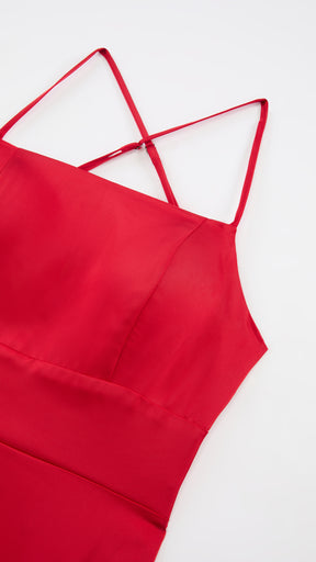 Abito Lungo in Satin con Spalline Sottili e Schiena a Croce - Eleganza per Matrimoni e Serate
