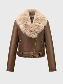 Giubbotto Biker in Pelle con Pelliccia, Giacca Moto Inverno Donna con Collo in Pelliccia, Chiusura a Cerniera e Fibbia Regolabile