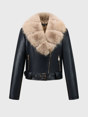 Giubbotto Biker in Pelle con Pelliccia, Giacca Moto Inverno Donna con Collo in Pelliccia, Chiusura a Cerniera e Fibbia Regolabile