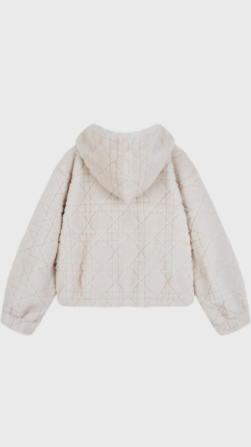 Giacca Corta Invernale Donna in Peluche Sintetico Trapuntato, Cappuccio, Chiusura Nascosta, Giacca Casual Morbida