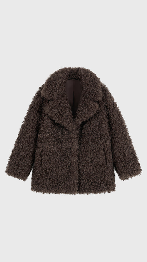 Cappotto Donna in Peluche Sintetico Riccio, Collo a Revers Ampio, Modello Invernale Elegante a Media Lunghezza