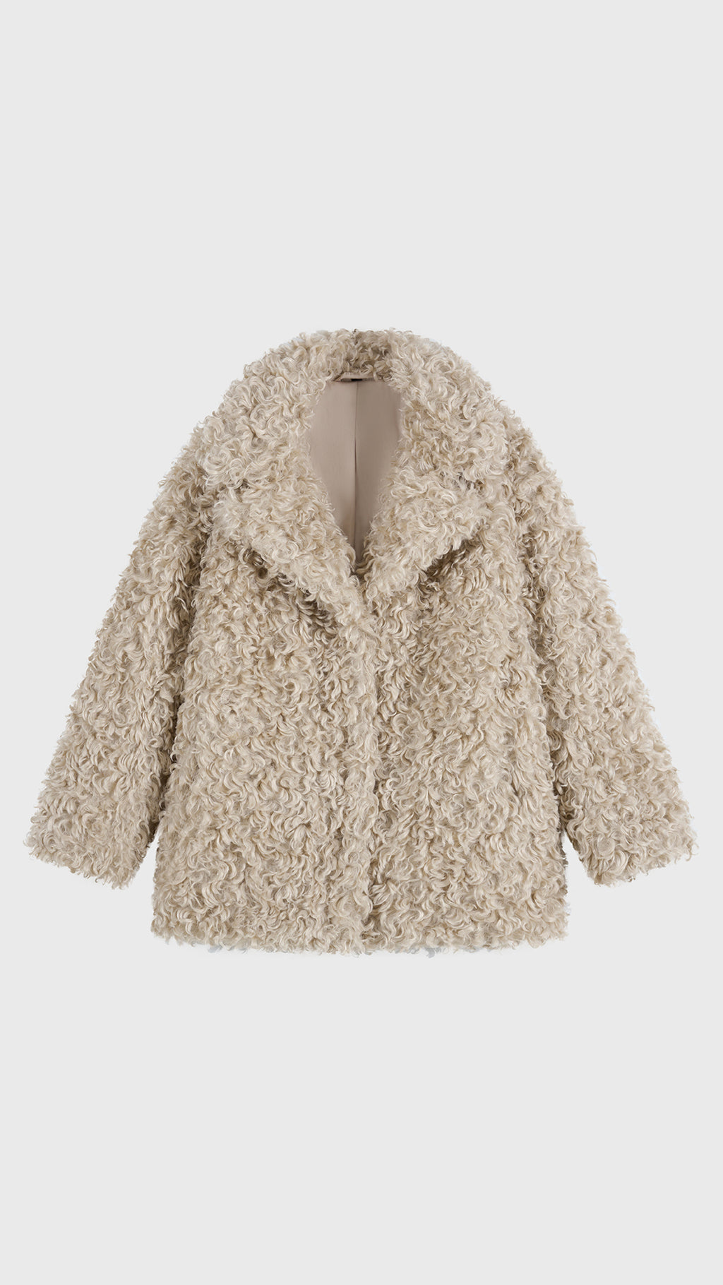 Cappotto Donna in Peluche Sintetico Riccio, Collo a Revers Ampio, Modello Invernale Elegante a Media Lunghezza