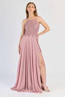 Rochie lungă de seară „Edera” cu corsaj din dantelă și crăpătură laterală