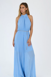 Tuta “Celestea” – Jumpsuit Plissé con Girocollo e Cintura a Catena