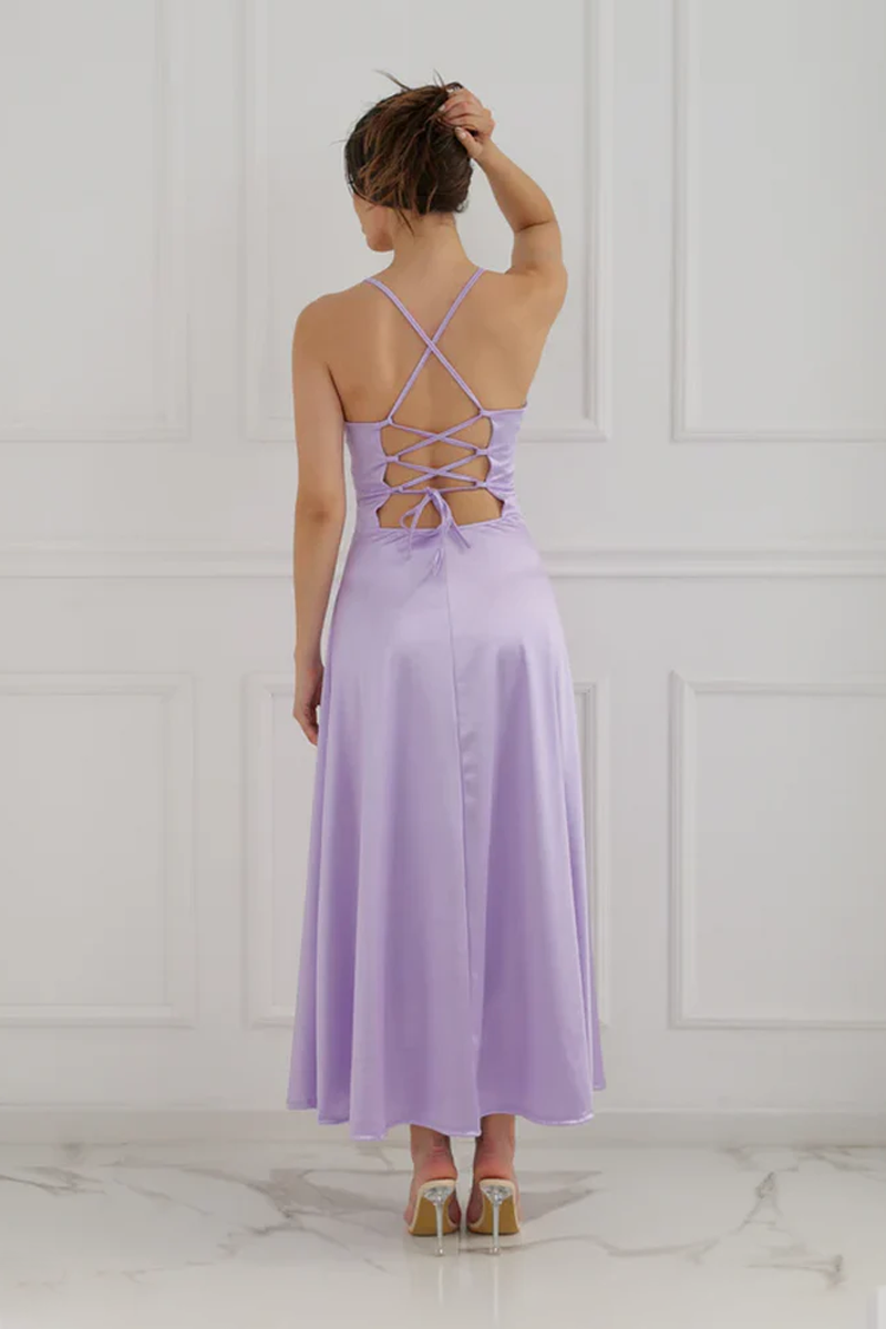 Vestito lungo in raso con schiena scoperta Eva