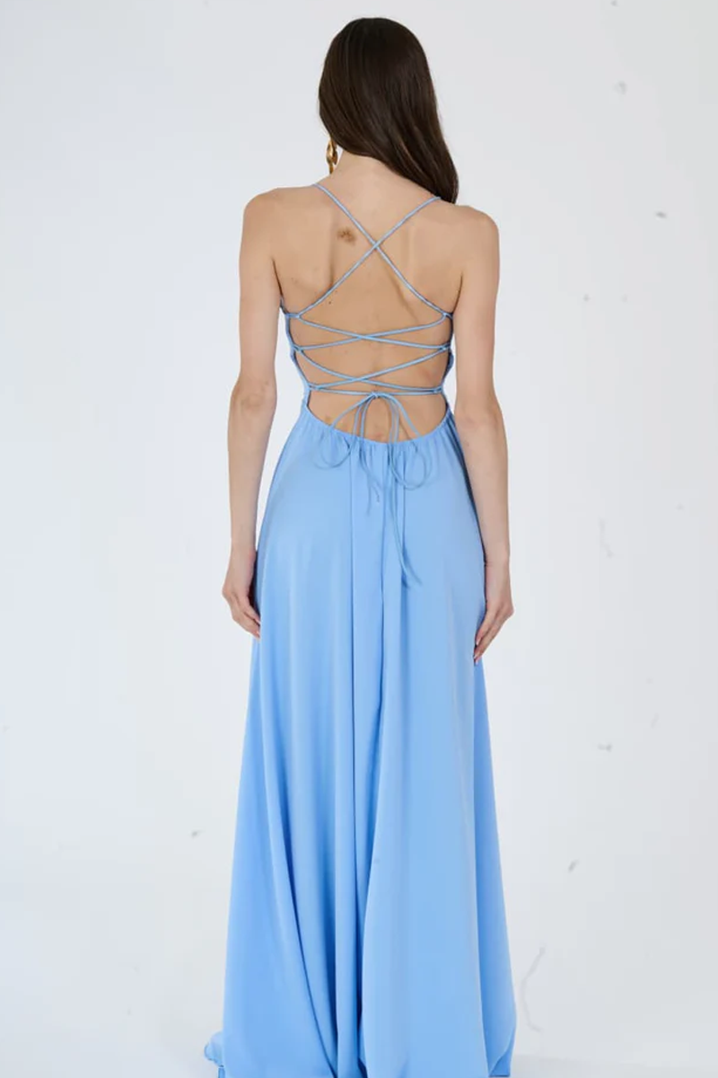 Abito “Delfina” – Vestito Lungo Elegante in Poliestere con Spalline Sottili e Schiena Allacciata