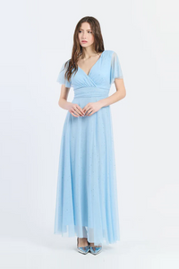 Long tulle dress with half sleeves Blue