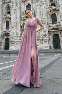 Abito “Callista” – Vestito Lungo Scollo a V con Spalline Drappeggiate e Spacco Laterale