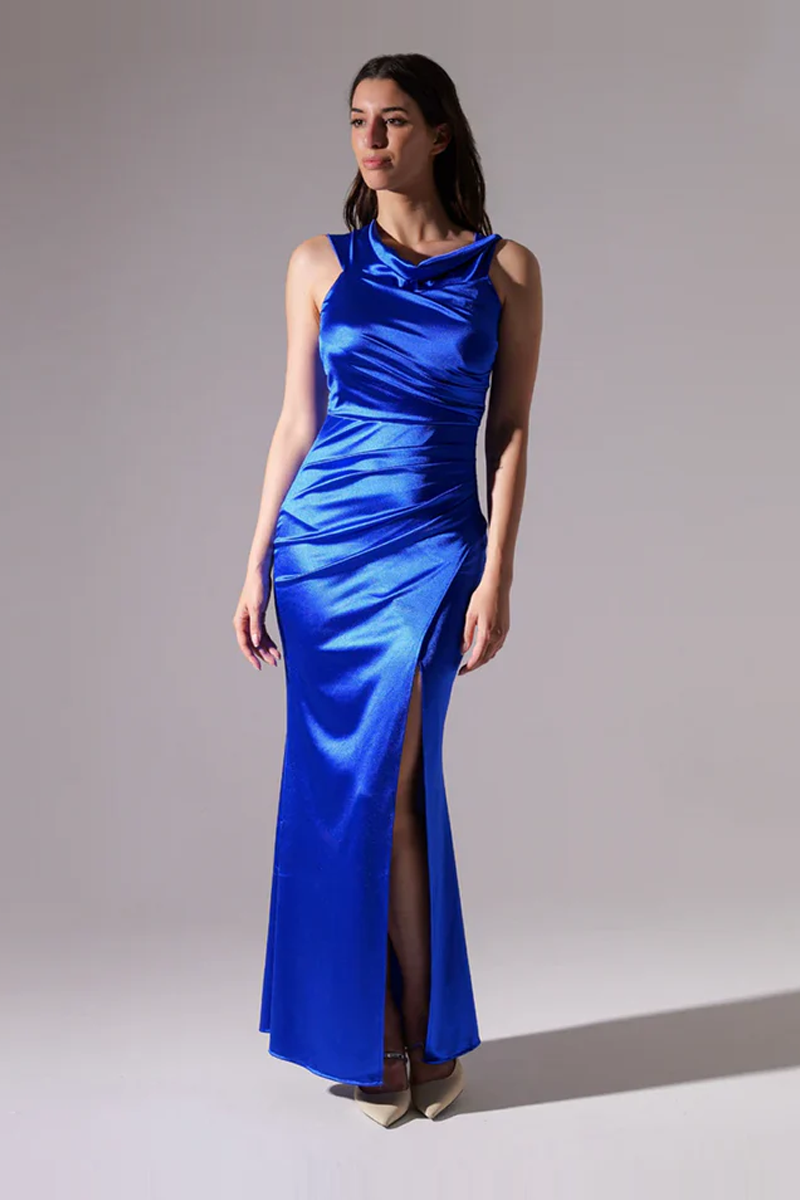 Abito a spalle scoperte drappeggiato Celeste