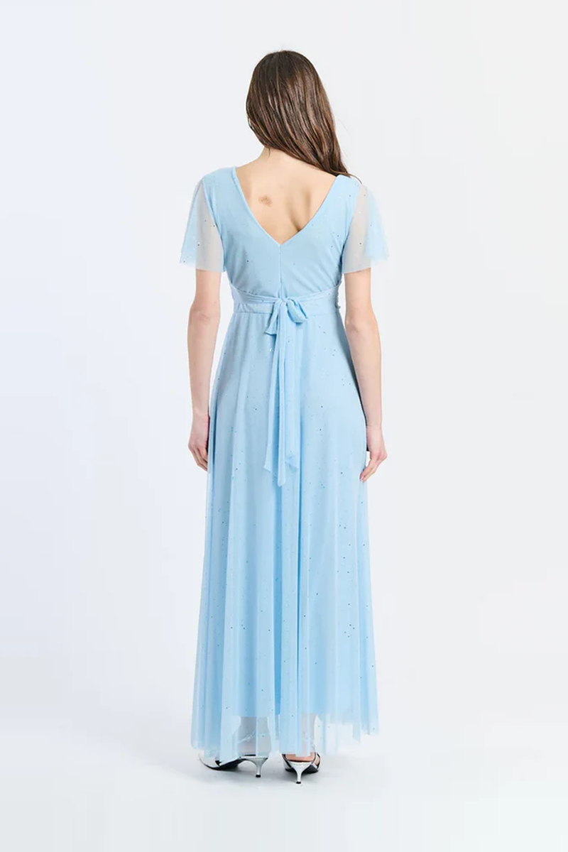 Long tulle dress with half sleeves Blue