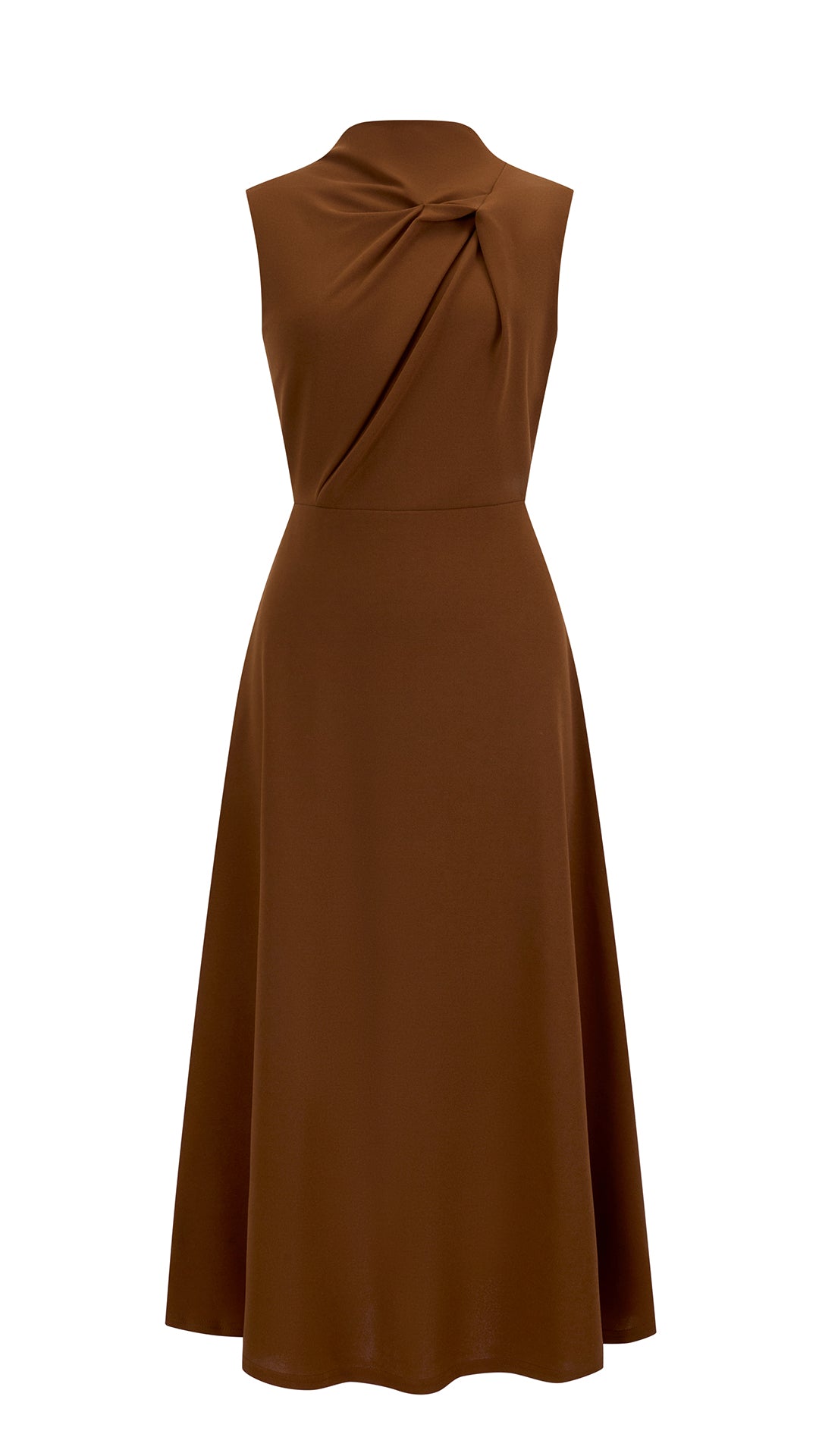 Abito Midi Donna Senza Maniche, Collo con Nodo Arricciato, Vita Definita, Modello A‑Line Elegante per Cerimonie e Ufficio