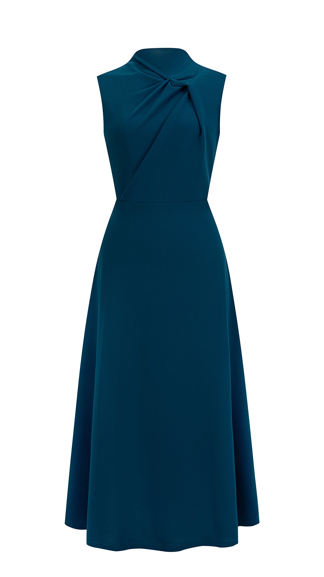 Abito Midi Donna Senza Maniche, Collo con Nodo Arricciato, Vita Definita, Modello A‑Line Elegante per Cerimonie e Ufficio