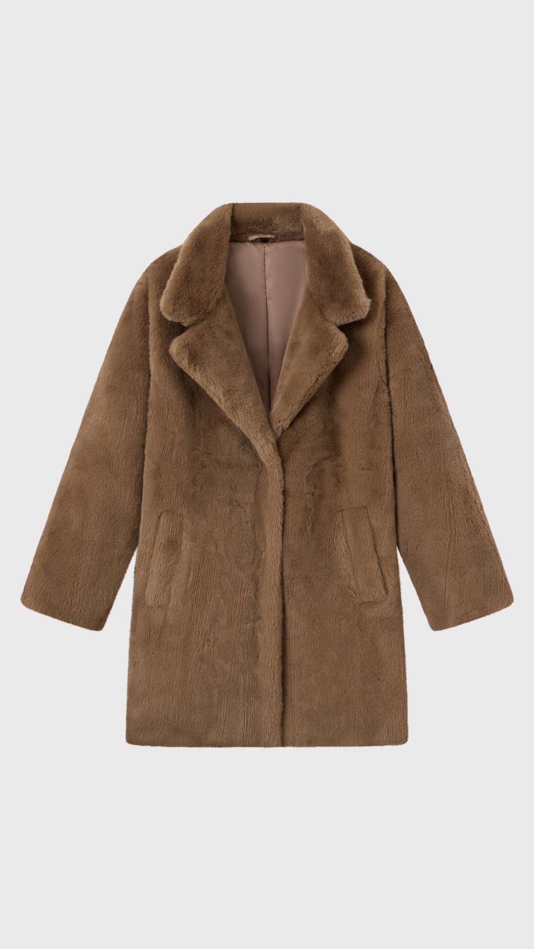 Cappotto medio in peluche sintetica con colletto a revers
