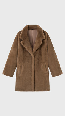 Cappotto medio in peluche sintetica con colletto a revers