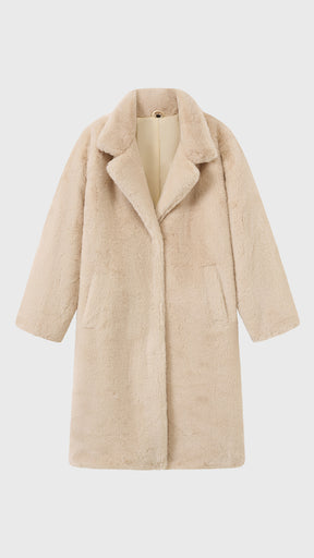 Cappotto lungo in peluche sintetica con colletto a revers