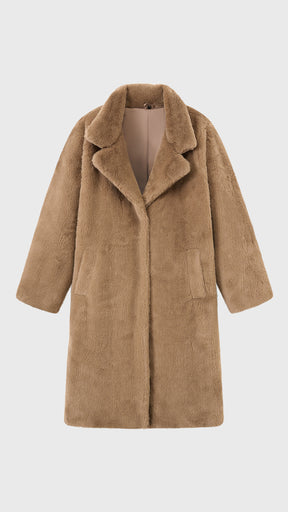 Cappotto lungo in peluche sintetica con colletto a revers