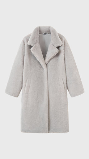 Cappotto lungo in peluche sintetica con colletto a revers