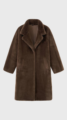 Cappotto lungo in peluche sintetica con colletto a revers