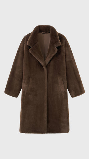 Cappotto lungo in peluche sintetica con colletto a revers
