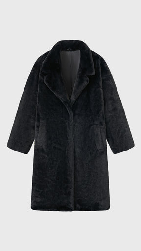 Cappotto lungo in peluche sintetica con colletto a revers