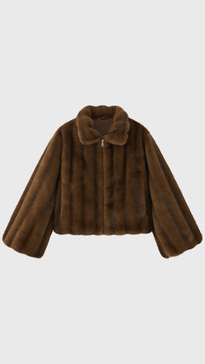 Giacca cropped in pelliccia sintetica con collo e zip frontale