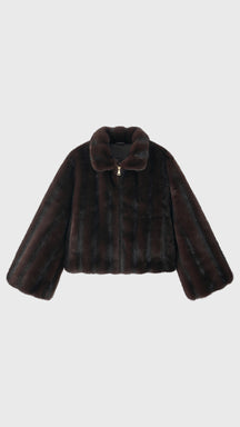 Giacca cropped in pelliccia sintetica con collo e zip frontale