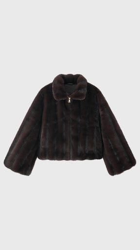 Giacca cropped in pelliccia sintetica con collo e zip frontale