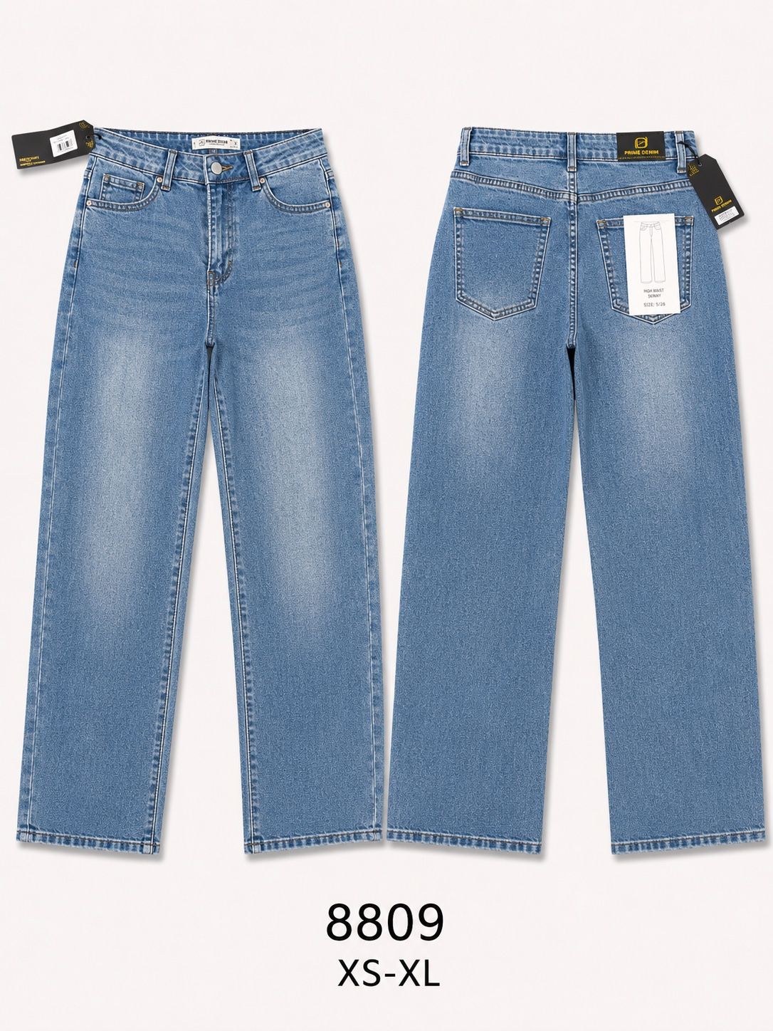 Pantaloni jeans wide leg vita alta donna, jeans azzurro chiaro lavaggio sfumato, modello basic versatile, taglie XS-XL