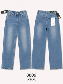 Pantaloni jeans wide leg vita alta donna, jeans azzurro chiaro lavaggio sfumato, modello basic versatile, taglie XS-XL