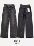 Pantaloni jeans wide leg vita alta donna, jeans nero lavaggio vintage con strass a stelle, moda festa urbana, taglie XS-XL